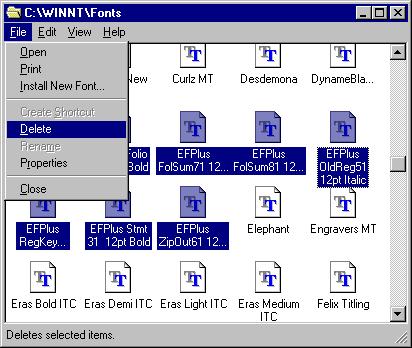 Control Panel / Fonts with EFPlus fonts selected and File / Delete ready.